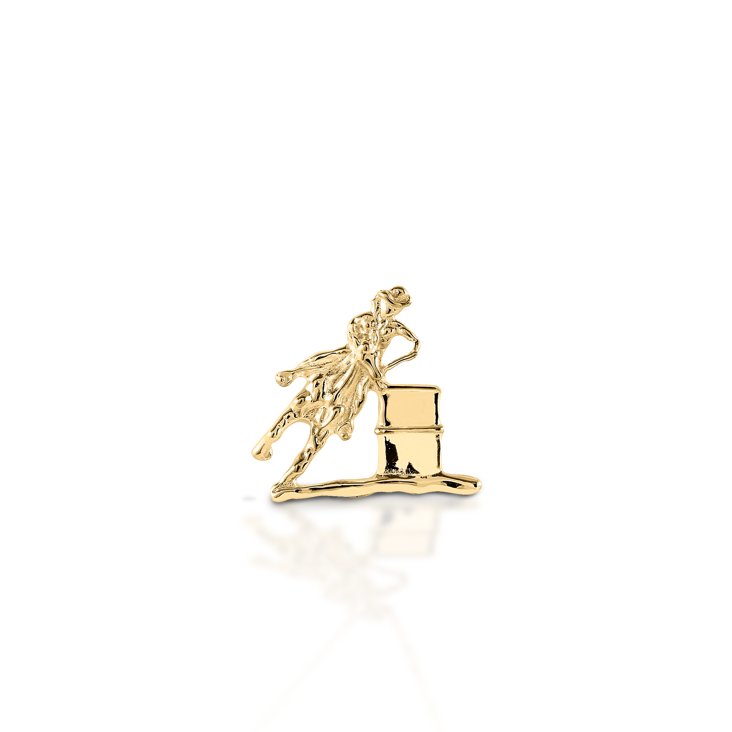 Turn and Burn! Celebrate your sport with the exquisitely detailed Kelly Herd Barrel Racing Pendant. Crafted in 14K gold, this pendant is a perfect tiny barrel horse and rider!  Features      Barrel horse pendant     Available in 14K gold     8mm