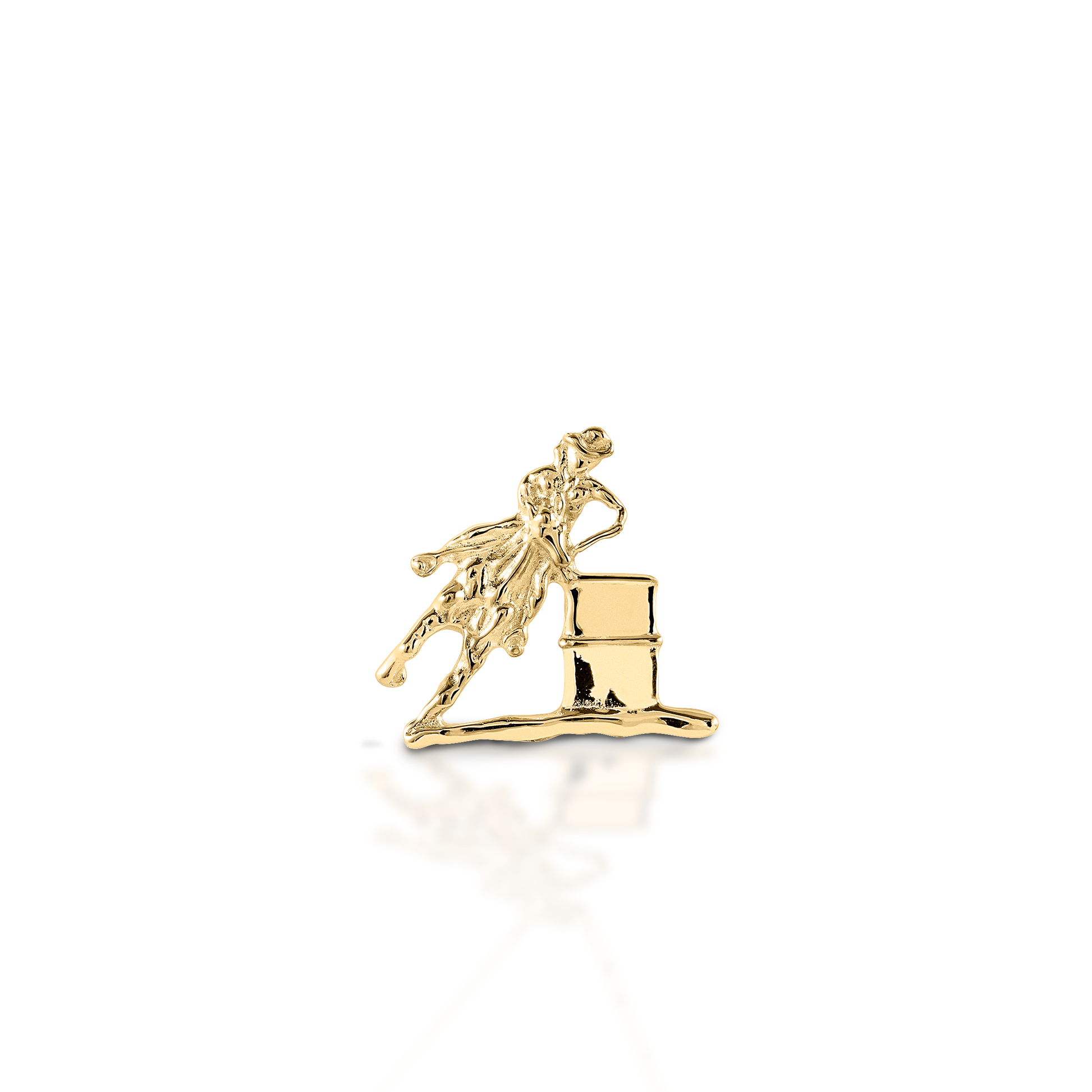 Turn and Burn! Celebrate your sport with the exquisitely detailed Kelly Herd Barrel Racing Pendant. Crafted in 14K gold, this pendant is a perfect tiny barrel horse and rider!  Features      Barrel horse pendant     Available in 14K gold     8mm