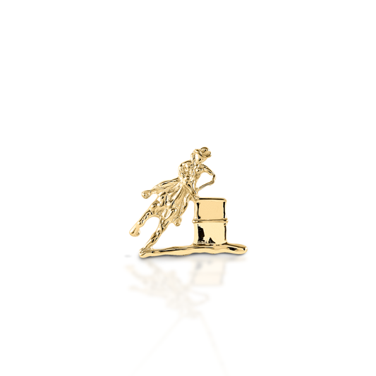 Turn and Burn! Celebrate your sport with the exquisitely detailed Kelly Herd Barrel Racing Pendant. Crafted in 14K gold, this pendant is a perfect tiny barrel horse and rider!  Features      Barrel horse pendant     Available in 14K gold     8mm