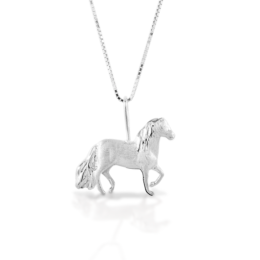 Fan of the smooth ride? Show your love of this unique breed with the Kelly Herd Paso Fino Pendant! This lovely piece is crafted in brushed sterling silver. Comes with adjustable 16-18" chain.  Features      Paso Fino pendant     Sterling Silver     Comes with adjustable 16-18" chain     20mm x 18mm