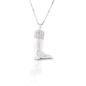 The Kelly Herd English Boot Necklace features a traditional style English boot made of brushed sterling silver and enhanced with CZ. It brings to mind fox hunts, and jockeys and cavalry officers. Comes with a 16"-18" adjustable chain.  Features      English boot pendant     Enhanced with clear CZ stones     Sterling Silver     Comes with adjustable 16-18" chain