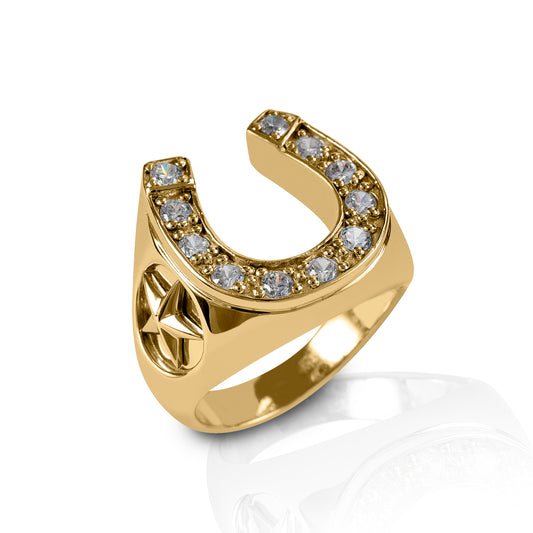 Every man needs a little luck! The Kelly Herd Engraved Stars Horseshoe Ring is strong and masculine, just like your guy. Available in white or yellow gold, this ring features a smooth surface, a diamond enhanced horseshoe, and engraved five pointed stars on the side.  Features      Men's horsehoe ring     Enhanced with diamonds     Available in white, or yellow 14k gol