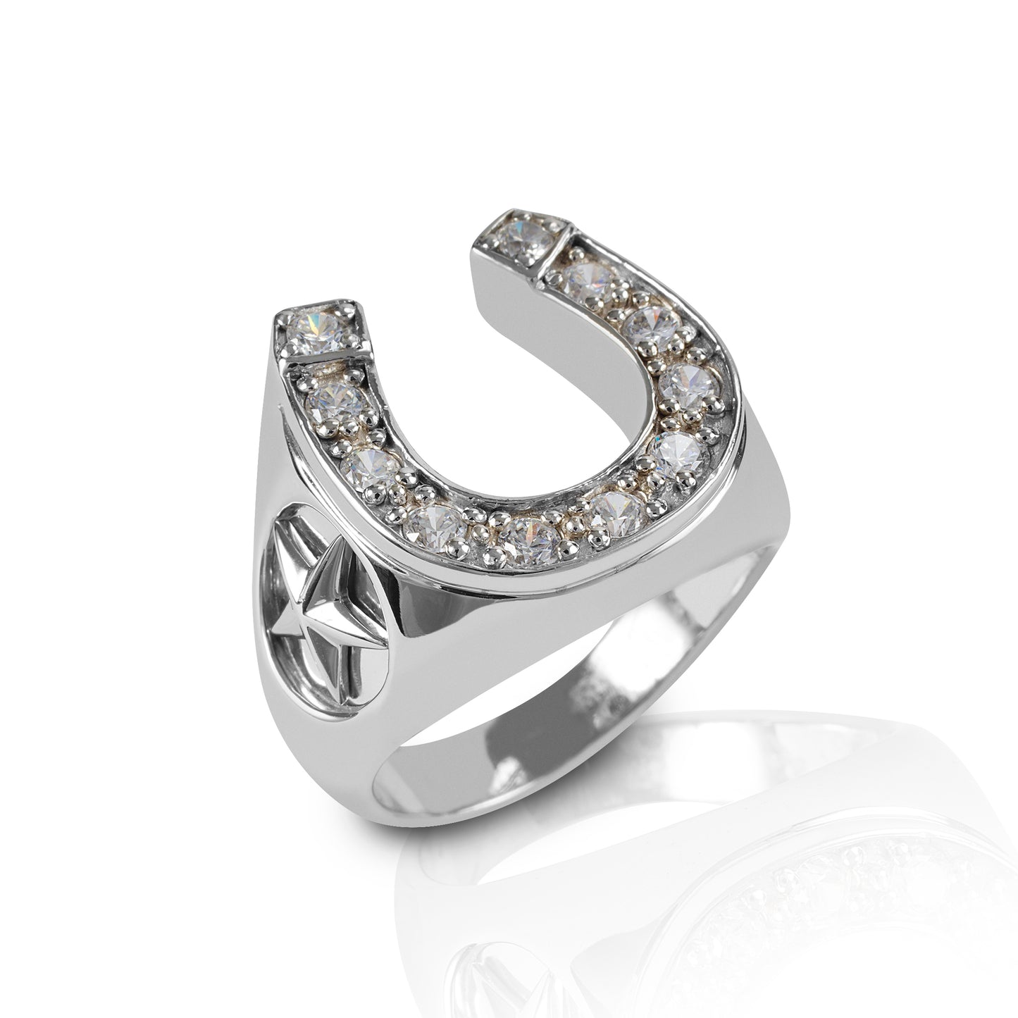 Every man needs a little luck! The Kelly Herd Engraved Stars Horseshoe Ring is strong and masculine, just like your guy. Available in white or yellow gold, this ring features a smooth surface, a diamond enhanced horseshoe, and engraved five pointed stars on the side.  Features      Men's horsehoe ring     Enhanced with diamonds     Available in white, or yellow 14k gol