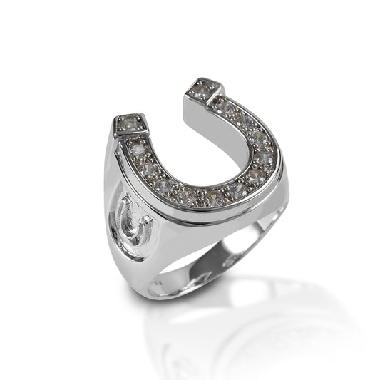 Triple the luck! The Kelly Herd Men's Horseshoe Ring features a CZ enhanced horseshoe face, and engraved horseshoes on the side. Available in your choice of white or yellow gold.  Features      Men's horseshoe ring     Enhanced with diamonds     Available in white, or yellow 14k gold     7 mm wide