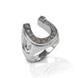 Triple the luck! The Kelly Herd Men's Horseshoe Ring features a CZ enhanced horseshoe face, and engraved horseshoes on the side. Available in your choice of white or yellow gold.  Features      Men's horseshoe ring     Enhanced with diamonds     Available in white, or yellow 14k gold     7 mm wide