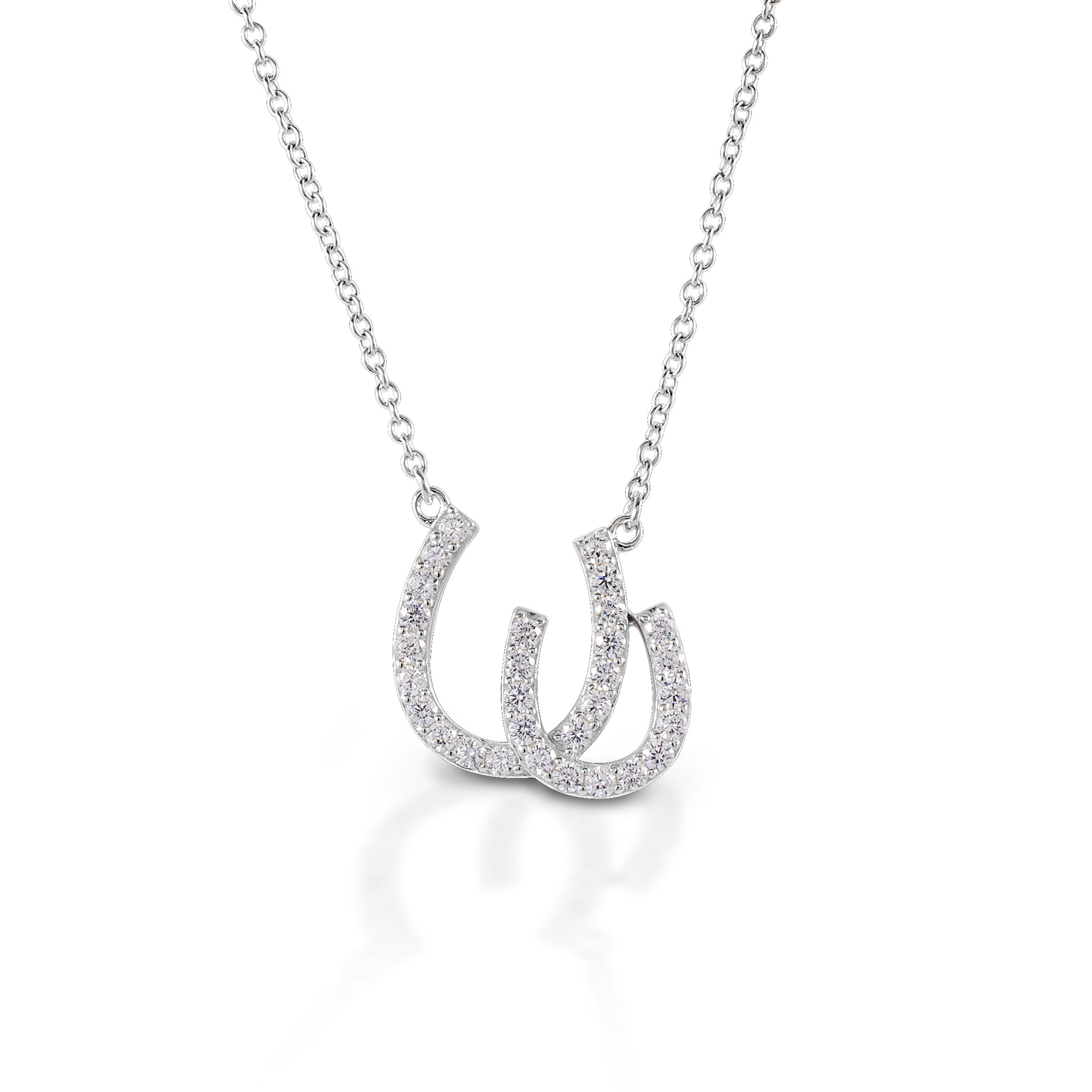 Have double the luck with the Kelly Herd Double Horseshoe Necklace. This gold and diamond pendant features two overlapping horseshoes. Available in 14K gold with various grades of diamonds.  Features      Double Horseshoe pendant     Available in 14K gold     Diamonds     10 mm x 18 m