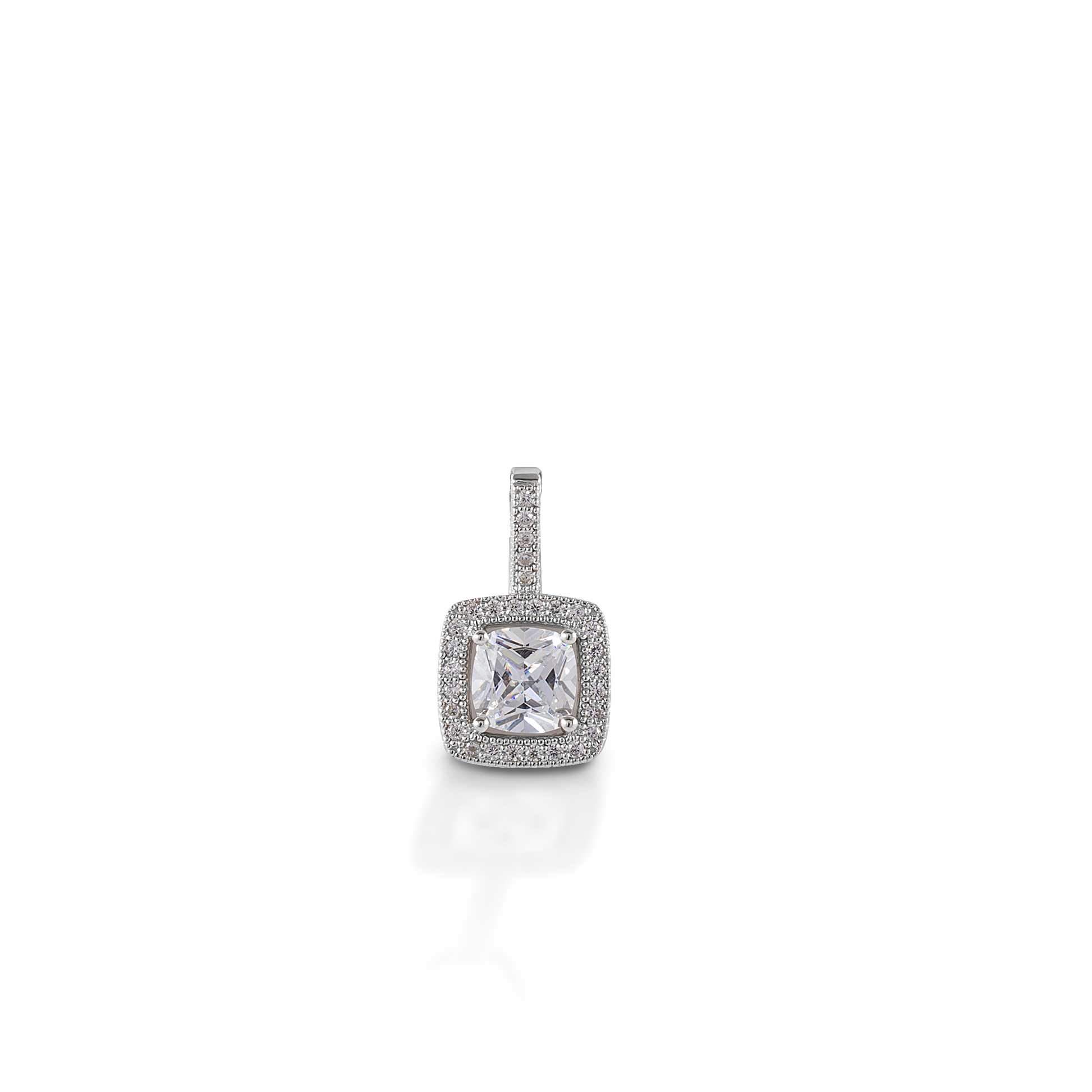 Kelly Herd Square Bezel Set Pavé Pendant is made of white gold with various grade diamonds. At 10mm, this pendant is the perfect size. Elegant, but not over-powering. Matching earrings are available.  Features      Square bezel set pendant     Available in 14K White Gold     Diamonds     36 mm x 6 mm