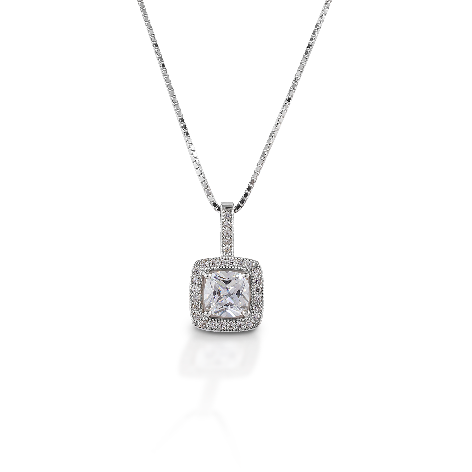 The Kelly Herd Square Bezel Set Pave Necklace is made of sterling silver with a round bezel set CZ stone. At 10mm, this pendant is the perfect size. Elegant, but not over-powering. Comes with a 16"-18" adjustable chain. Matching earrings are available.  Features      Square bezel set pendant     Sterling Silver     Clear CZ stones     10 mm