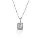 The Kelly Herd Square Bezel Set Pave Necklace is made of sterling silver with a round bezel set CZ stone. At 10mm, this pendant is the perfect size. Elegant, but not over-powering. Comes with a 16"-18" adjustable chain. Matching earrings are available.  Features      Square bezel set pendant     Sterling Silver     Clear CZ stones     10 mm