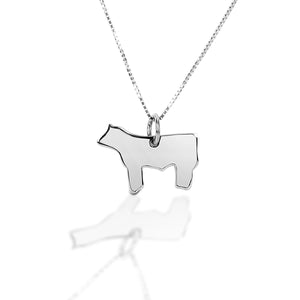 Cowboy up! The perfect pendant for any cattle loving person, this must have piece is sure to make an impression. Our sterling silver Steer Silhouette Pendant will be a show stopper for you or someone you love. This beautiful piece is a must have for any cattle farmer, cowboy or cowgirl!   Features      Steer Silhouette Design     16"-18" adjustable box chain with spring clasp     Sterling Silver     Measures 17 mm x 20 mm 