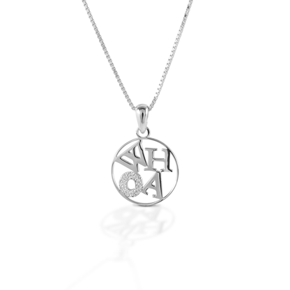 Tell the world to slow down and enjoy the ride with the Kelly Herd Whoa Necklace. This contemporary sterling silver pendant features the word "WHOA" enhanced with CZ. Comes with a 16"-18" adjustable chain.  Features      "WHOA" Pendant     Sterling Silver     Enhanced with clear CZ     Adjustable 16-18" chain